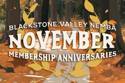 Square graphic with text "Blackstone Valley NEMBA November Membership Anniversaries"