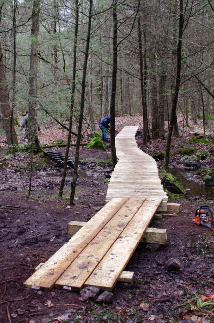 Photo of a raised wooden bike path.
